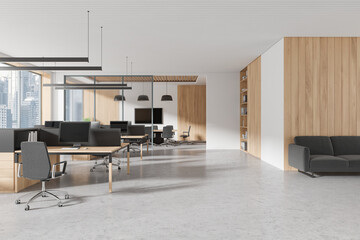 Modern open space office interior with wooden accents. 3D Rendering