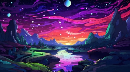 A Surreal Landscape with a River Flowing Through Mountains Under a Cosmic Sky