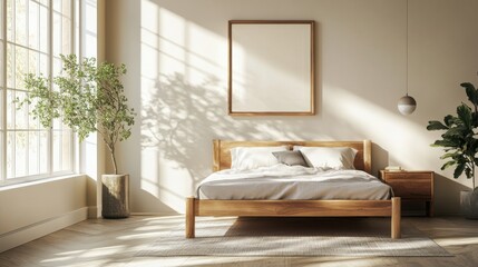 Mock up frame in an elegant bedroom with natural wooden bed and light, airy decor
