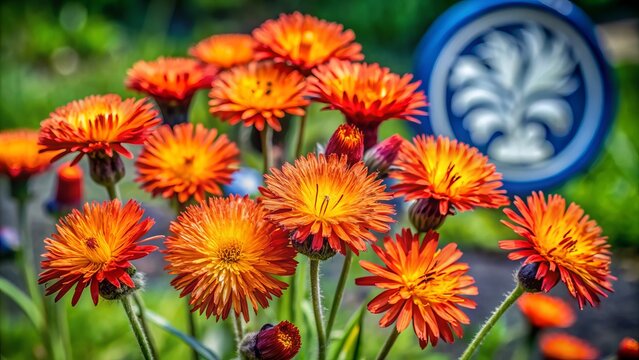Brightly colored hawkweed flowers with vibrant Penn State logos in a natural outdoor setting