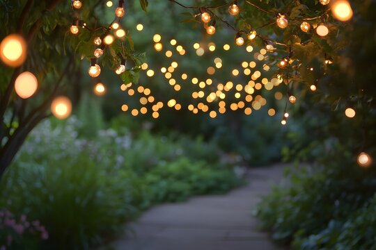 blurred image of twinkling fairy lights draped across a garden, with the soft motion blur turning each light into a glowing orb. The dark greenery fades into the background