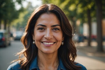 Obraz premium Close portrait of a smiling 40s Mexican woman looking at the camera, Mexican outdoors blurred background