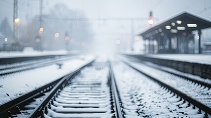 Hazy view of a winter train station with snowy tracks and a chilly sky