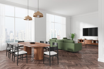 Modern living room interior with city view through large windows. 3D Rendering