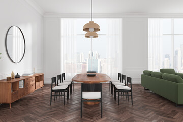 Modern dining room with wooden furniture and large windows. 3D Rendering