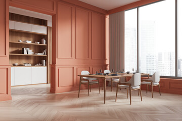 Home kitchen interior with chairs and dining table, shelf and window