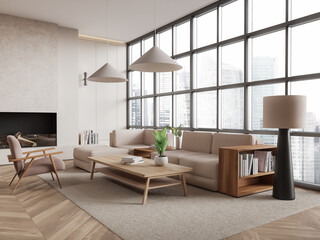 Modern living room with large windows and cozy furniture. 3D Rendering