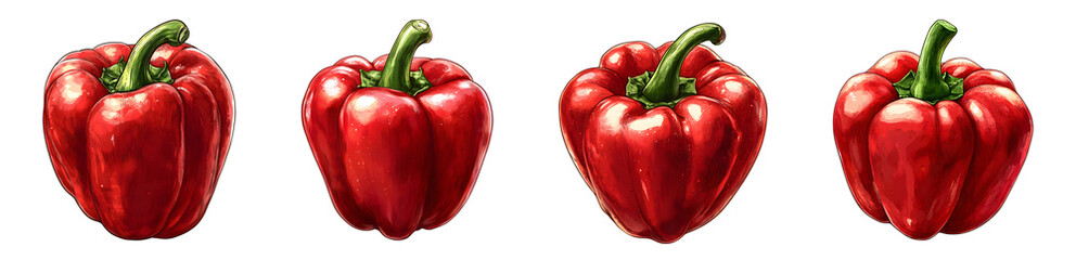 Set of Four Red Bell Peppers Isolated on Transparent Background PNG