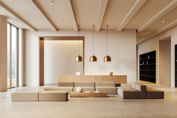 Stylish lobby interior with sofa and reception desk in office room, window
