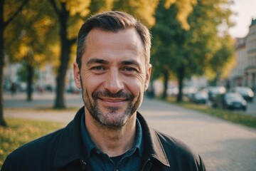 Close portrait of a smiling 40s Moldovan man looking at the camera, Moldovan outdoors blurred background