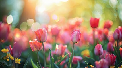 Blurry garden scene with vibrant tulips and a clear spring sky