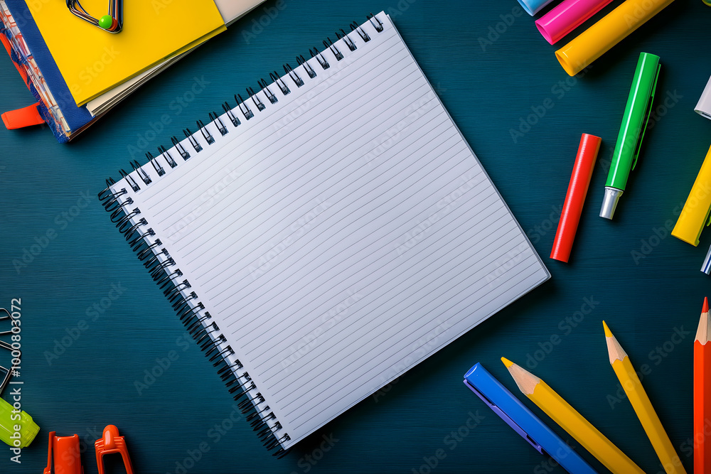 Poster top view of student desk in classroom. blank notebook, a pencil, an eraser, and some colorful marker