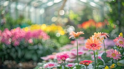Obraz premium Blurry spring exhibit with exotic flowers and a bright clear sky