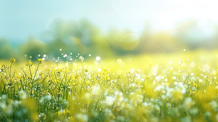 Fototapeta premium Blurry spring meadow with blooming bushes and a bright clear sky