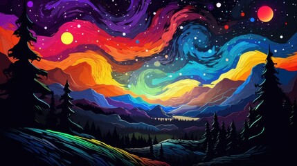 Fototapeta premium A Vibrant Night Sky with Silhouetted Trees and Mountains