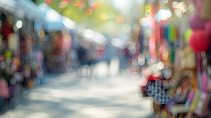 Obraz premium Soft-focus craft fair with vendor stalls and a bright sunny sky