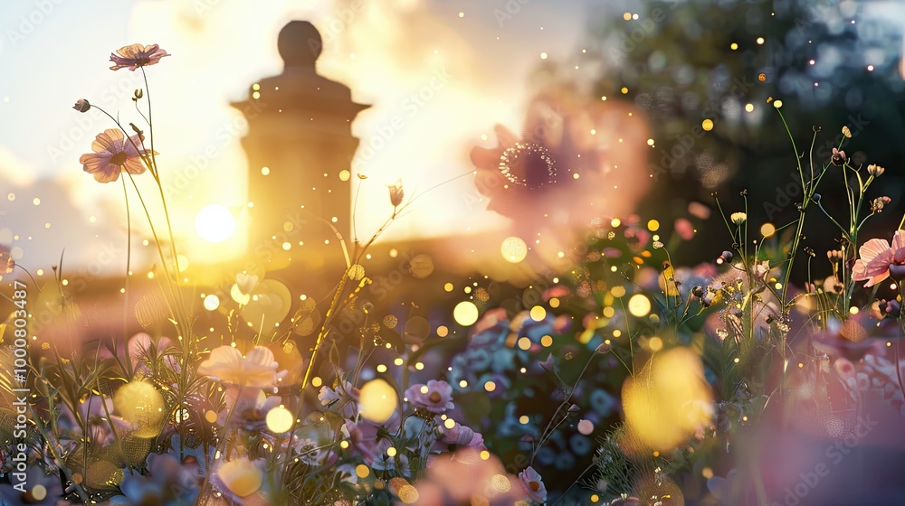 Poster Blurry historical monument with flowers and a bright sunny sky