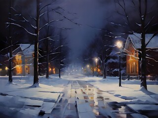 Quiet snowy winter night street scene with no people illuminated by streetlights, generative AI