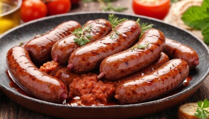  Delicious grilled sausages with a side of vibrant red sauce ready to be savored