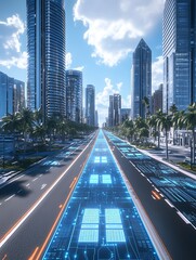 Obraz premium A 3D simulation of a smart grid, visualizing the flow of renewable energy from various sources to consumers, with real-time data representation.