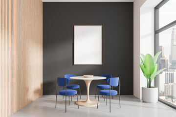 Stylish dining interior with table and chairs, panoramic window. Mockup frame