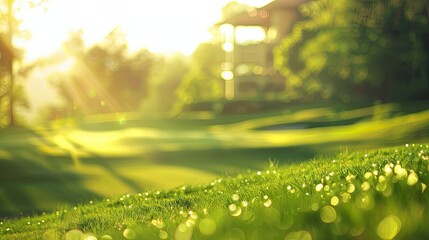 Obraz premium Soft-focus golf course with greens and a bright sunny sky