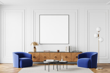 Traditional home living room interior armchairs and drawer, mockup frame