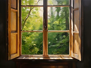Fototapeta premium Scenery from the window of a cabin showing a forest illuminated by fresh morning sunlight, generative AI