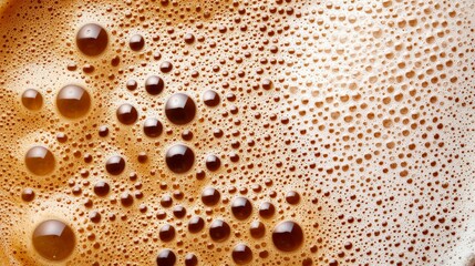 A close-up of cappuccino foam with microbubbles, highlighting the rich texture and inviting warmth of the drink