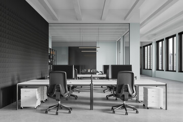 Light office interior with glass coworking and meeting room, window