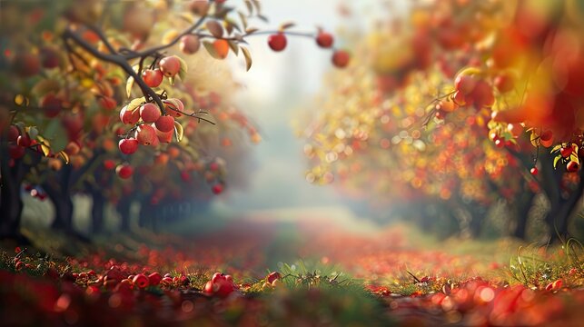 Soft focus of a fall orchard with blurred apples and a bright cool sky