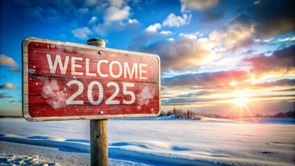 the words Welcome 2025 on a weathered red sign against a snowy sky