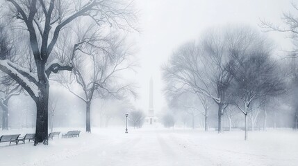 Winter park scene with blurred monument and leafless trees evoking calm solitude