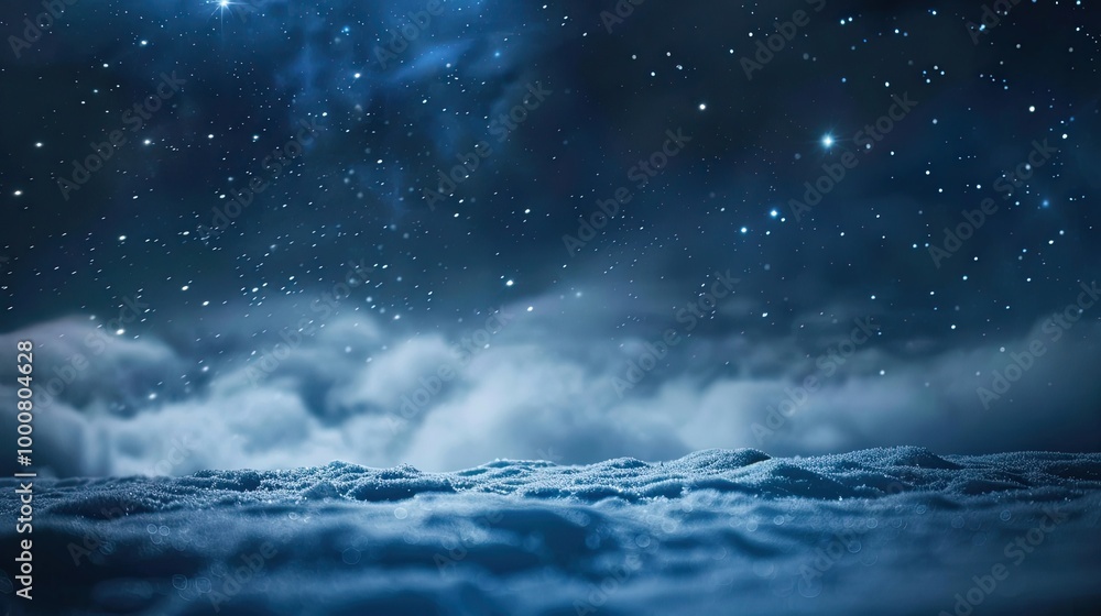 Poster Blurred winter night sky with softly glowing stars and a hint of snow-covered ground