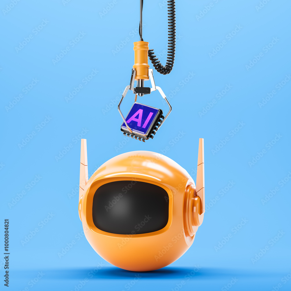 Poster robot claw with ai microchip and bot on blue background, machine learning