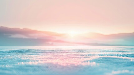 Serene snowy field with a soft pastel sunrise gentle light over distant hills