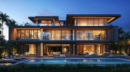 Obraz premium Modern villa with large windows and pool, illuminated at dusk.