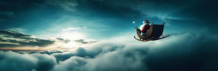 Santa Claus flying in his sleigh over the clouds