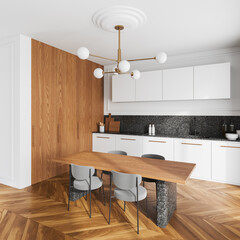 Home kitchen interior with cooking cabinet and dining table, classical design