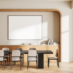 Modern dining room with blank framed poster on wall, wooden furniture, neutral tones, natural light, minimalist style. Concept of interior design. 3D Rendering