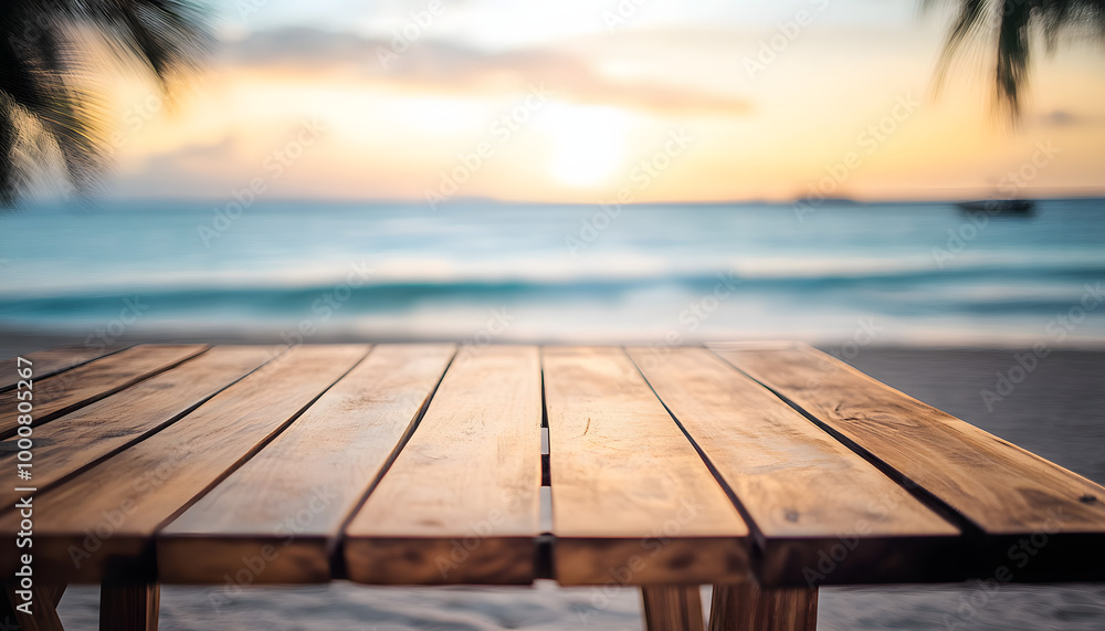 Poster empty table at the beach with copy space background