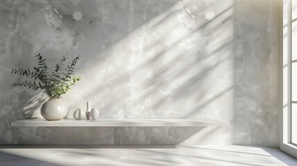 Soft gray wallpaper with a floating shelf shadow creating an elegant minimal look