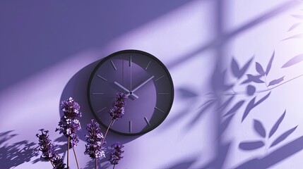 Pale lilac wallpaper with a subtle shadow of a wall clock creating a serene ambiance