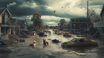 A disaster and flood scene where people are suffering from shortages and pets are in distress. Generative AI Illustration.