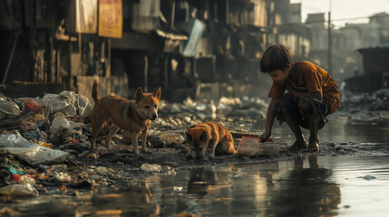 The pour child and a stray dog rummaging for food in a pile of garbage, with a backdrop of trash or a polluted river. Generative AI Illustration.