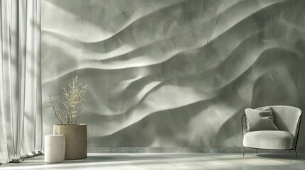 Gray-green wallpaper with a soft shadow of a wall sculpture offering a clean design