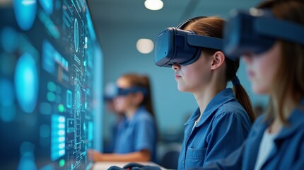 School student with VR headset using AI artificial intelligence technology & machine learning.Interactive technology in classroom. Innovation & smart tech.