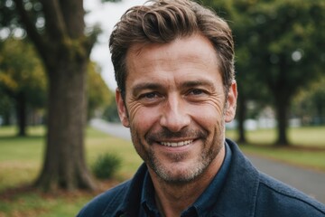 Close portrait of a smiling 40s New Zealander man looking at the camera, New Zealander outdoors blurred background