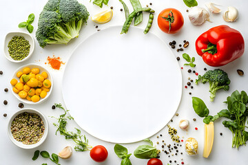 World vegan day. Frame of Fresh vegetarian ingredients for cooking vegan plate on white background overhead view