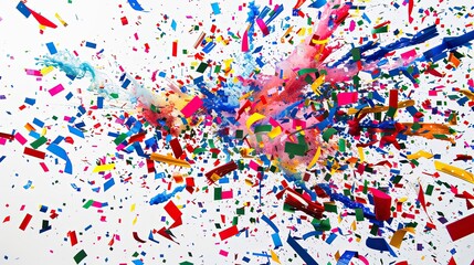 Obraz premium White wall with red blue and green confetti explosion offering lively festivity